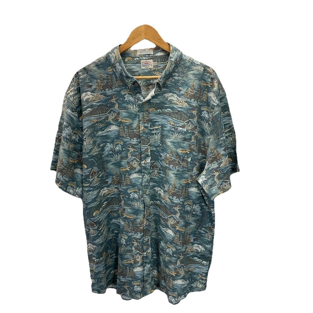 Faherty Men's‎ XXL Breeze Camp Shirt Bears Blue Sht Sleeve Button Up Linen Blend